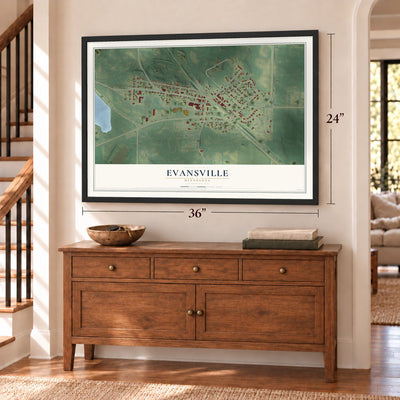 Evansville, Minnesota map, 24 x 36 inch print in a black frame above a dresser by a staircase