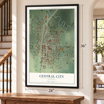 Central City, Illinois map, 24 x 36 inch print in a black frame by a staircase