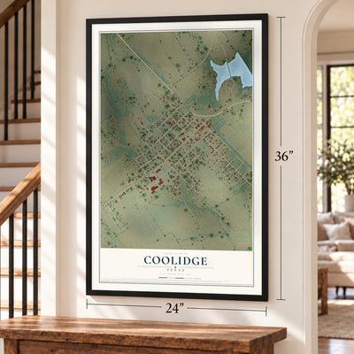 Coolidge, Texas map, 24 x 36 inch print in a black frame by a staircase