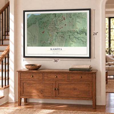 Kasota, Minnesota map, 24 x 36 inch print in a black frame above a dresser by a staircase