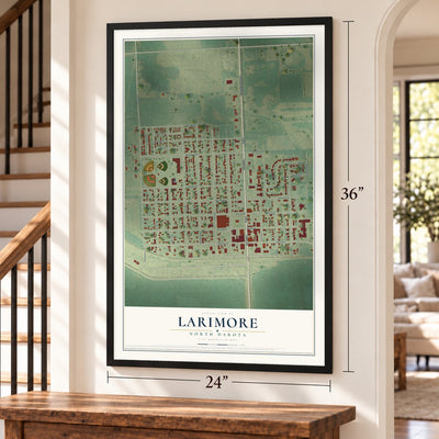 Larimore, North Dakota map, 24 x 36 inch print in a black frame by a staircase