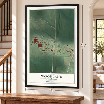 Woodland, Mississippi map, 24 x 36 inch print in a black frame by a staircase