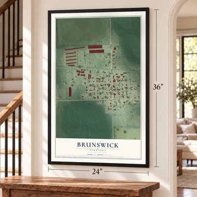 Brunswick, Nebraska map, 24 x 36 inch print in a black frame by a staircase