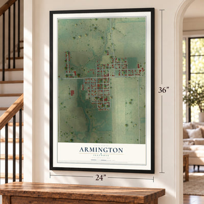 Armington, Illinois map, 24 x 36 inch print in a black frame by a staircase