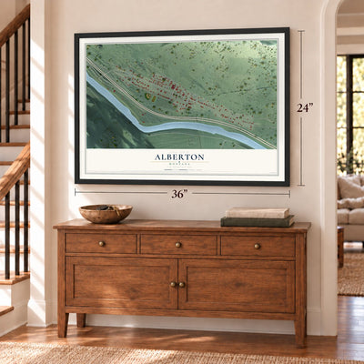 Alberton, Montana map, 24 x 36 inch print in a black frame above a dresser by a staircase