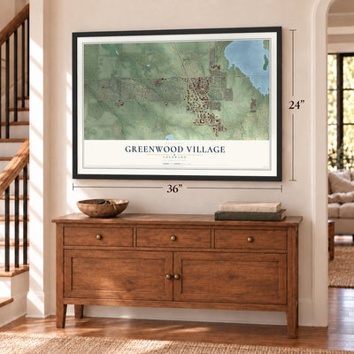 Greenwood Village, Colorado map, 24 x 36 inch print in a black frame above a dresser by a staircase