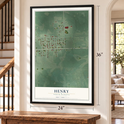 Henry, South Dakota map, 24 x 36 inch print in a black frame by a staircase