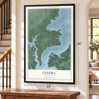 Cleora, Oklahoma map, 24 x 36 inch print in a black frame by a staircase