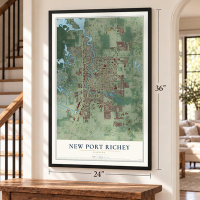 New Port Richey, Florida map, 24 x 36 inch print in a black frame by a staircase