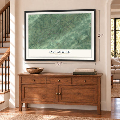 East Amwell, New Jersey map, 24 x 36 inch print in a black frame above a dresser by a staircase