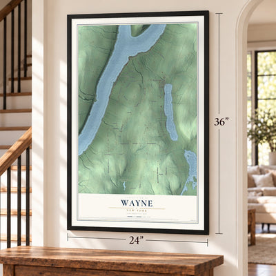 Wayne, New York map, 24 x 36 inch print in a black frame by a staircase