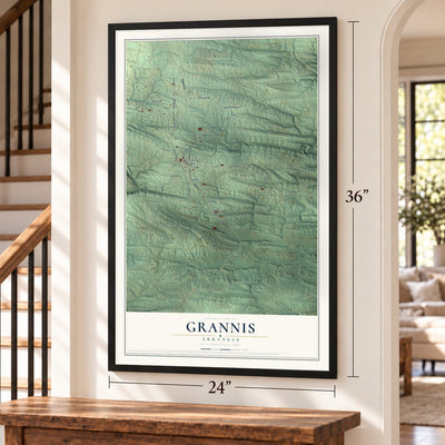 Grannis, Arkansas map, 24 x 36 inch print in a black frame by a staircase