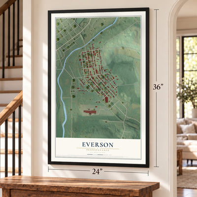 Everson, Pennsylvania map, 24 x 36 inch print in a black frame by a staircase