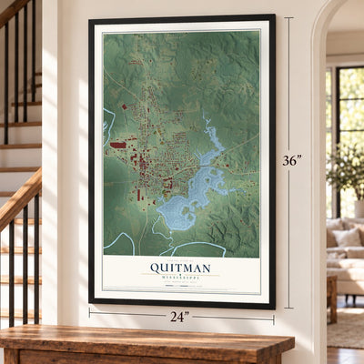 Quitman, Mississippi map, 24 x 36 inch print in a black frame by a staircase