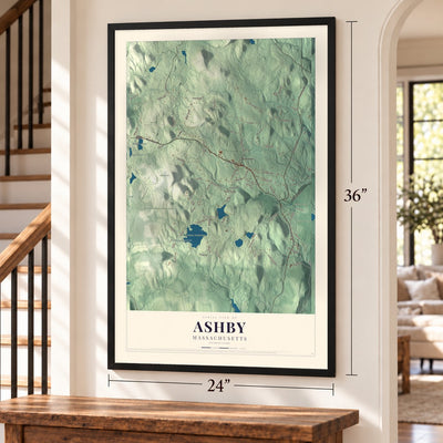 Ashby, Massachusetts map, 24 x 36 inch print in a black frame by a staircase