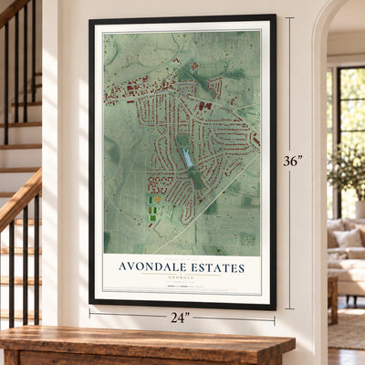 Avondale Estates, Georgia map, 24 x 36 inch print in a black frame by a staircase