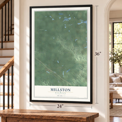 Millston, Wisconsin map, 24 x 36 inch print in a black frame by a staircase