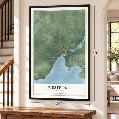 Westport, Wisconsin map, 24 x 36 inch print in a black frame by a staircase