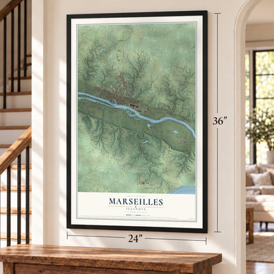 Marseilles, Illinois map, 24 x 36 inch print in a black frame by a staircase