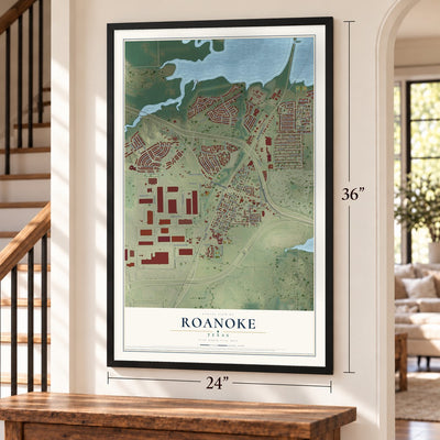 Roanoke, Texas map, 24 x 36 inch print in a black frame by a staircase