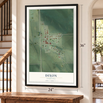 Dixon, Nebraska map, 24 x 36 inch print in a black frame by a staircase