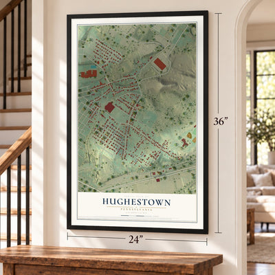 Hughestown, Pennsylvania map, 24 x 36 inch print in a black frame by a staircase