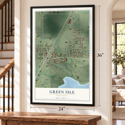 Green Isle, Minnesota map, 24 x 36 inch print in a black frame by a staircase