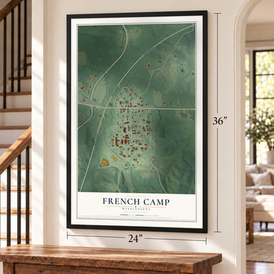 French Camp, Mississippi map, 24 x 36 inch print in a black frame by a staircase