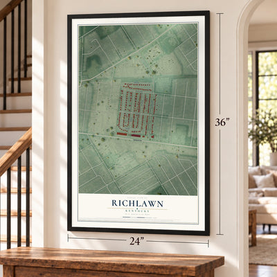 Richlawn, Kentucky map, 24 x 36 inch print in a black frame by a staircase