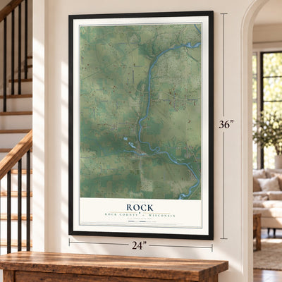 Rock, Rock County, Wisconsin map, 24 x 36 inch print in a black frame by a staircase