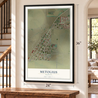 Metolius, Oregon map, 24 x 36 inch print in a black frame by a staircase