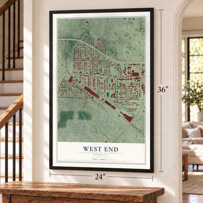 West End, Georgia map, 24 x 36 inch print in a black frame by a staircase