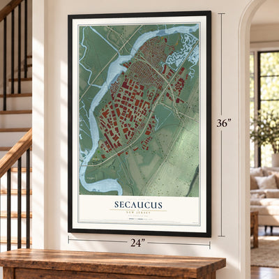 Secaucus, New Jersey map, 24 x 36 inch print in a black frame by a staircase
