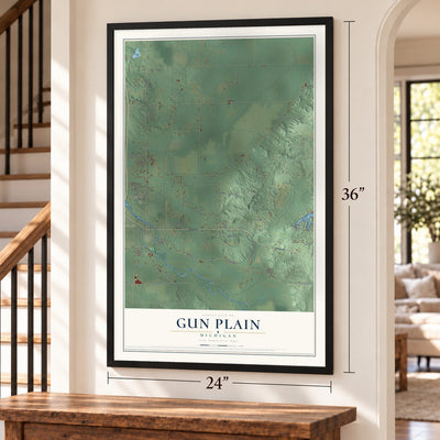 Gun Plain, Michigan map, 24 x 36 inch print in a black frame by a staircase