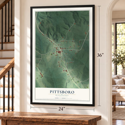 Pittsboro, Mississippi map, 24 x 36 inch print in a black frame by a staircase