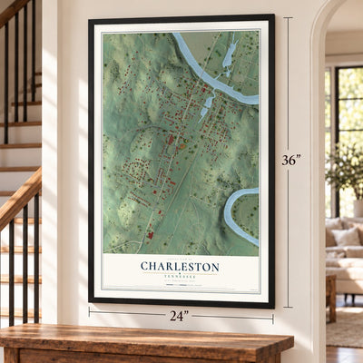 Charleston, Tennessee map, 24 x 36 inch print in a black frame by a staircase