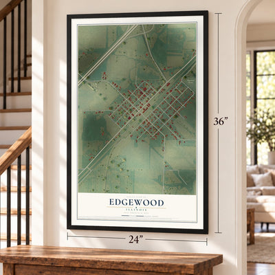 Edgewood, Illinois map, 24 x 36 inch print in a black frame by a staircase