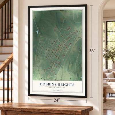 Dobbins Heights, North Carolina map, 24 x 36 inch print in a black frame by a staircase