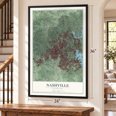 Nashville, Tennessee map, 24 x 36 inch print in a black frame by a staircase