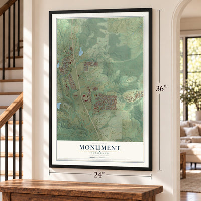 Monument, Colorado map, 24 x 36 inch print in a black frame by a staircase