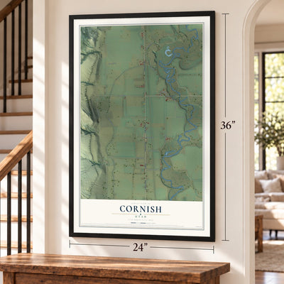 Cornish, Utah map, 24 x 36 inch print in a black frame by a staircase