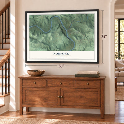 Norfork, Arkansas map, 24 x 36 inch print in a black frame above a dresser by a staircase