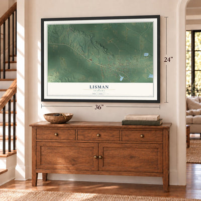 Lisman, Alabama map, 24 x 36 inch print in a black frame above a dresser by a staircase