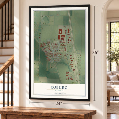 Coburg, Oregon map, 24 x 36 inch print in a black frame by a staircase
