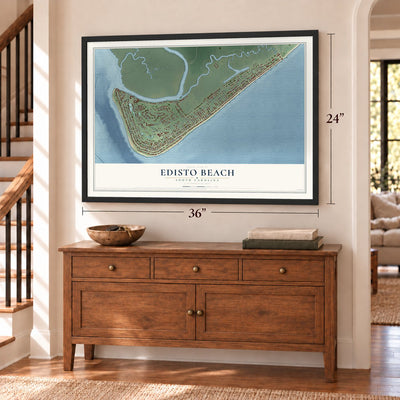 Edisto Beach, South Carolina map, 24 x 36 inch print in a black frame above a dresser by a staircase