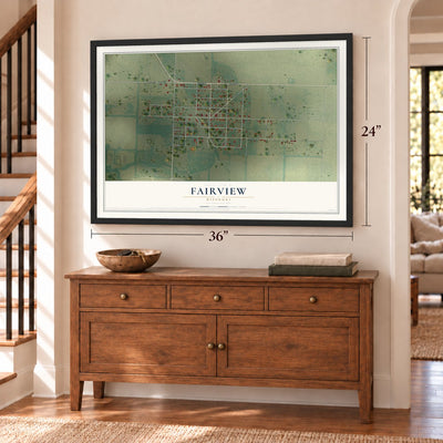 Fairview, Missouri map, 24 x 36 inch print in a black frame above a dresser by a staircase