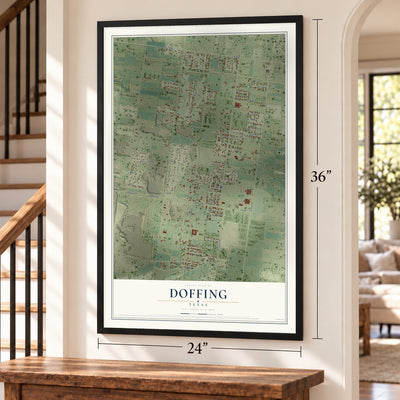 Doffing, Texas map, 24 x 36 inch print in a black frame by a staircase