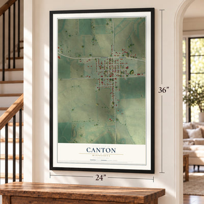 Canton, Minnesota map, 24 x 36 inch print in a black frame by a staircase