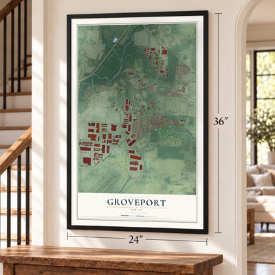 Groveport, Ohio map, 24 x 36 inch print in a black frame by a staircase
