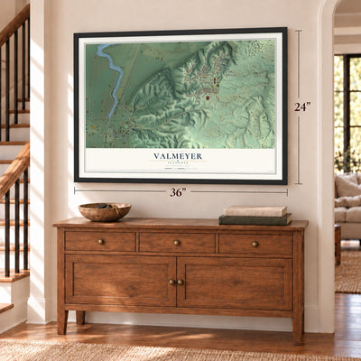 Valmeyer, Illinois map, 24 x 36 inch print in a black frame above a dresser by a staircase